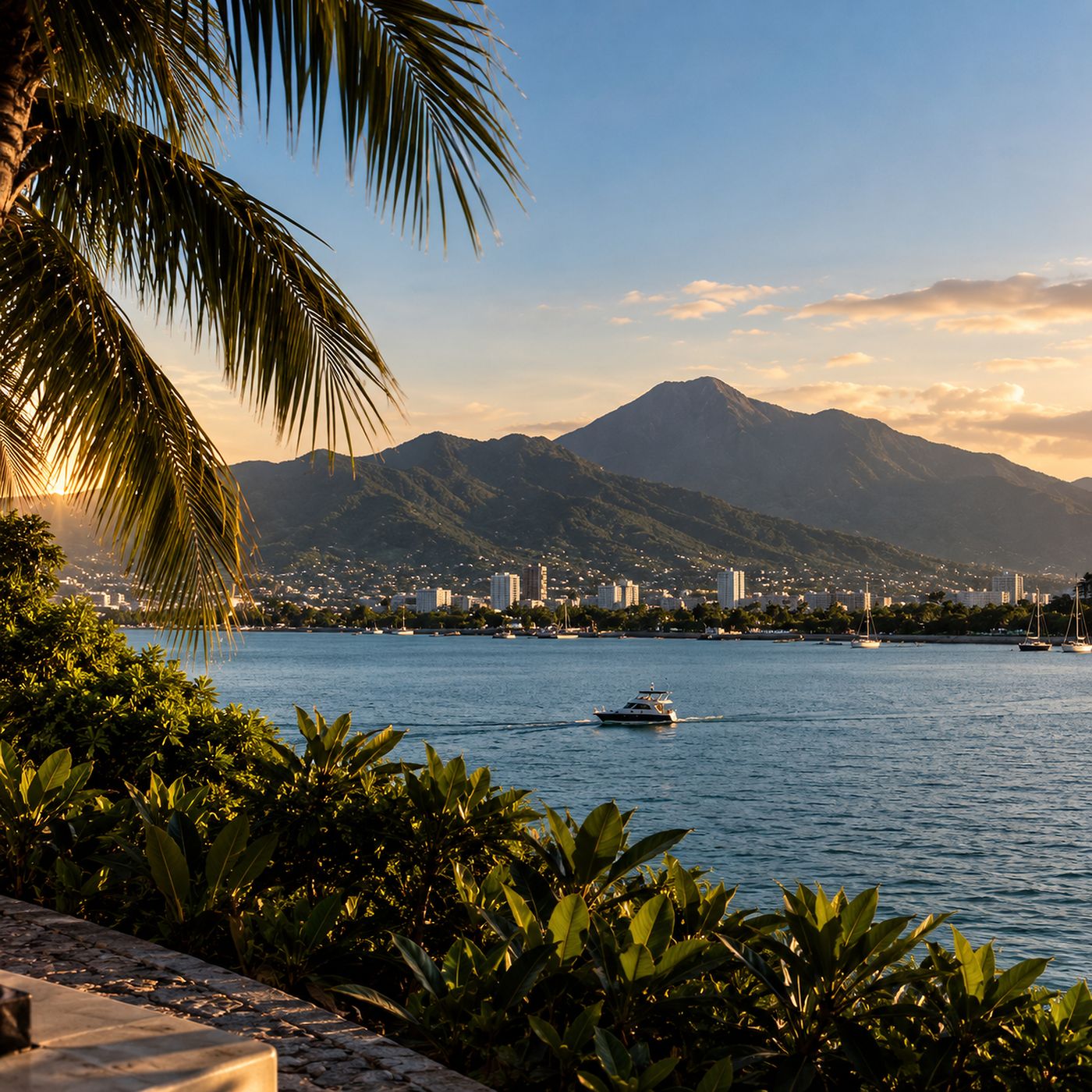 Cairns coastal vista with a boat on the water and mountains beyond