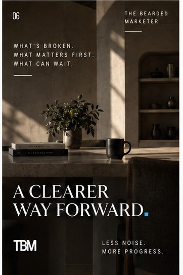 A Clearer Way Forward panel showing a sunlit concrete interior and desk