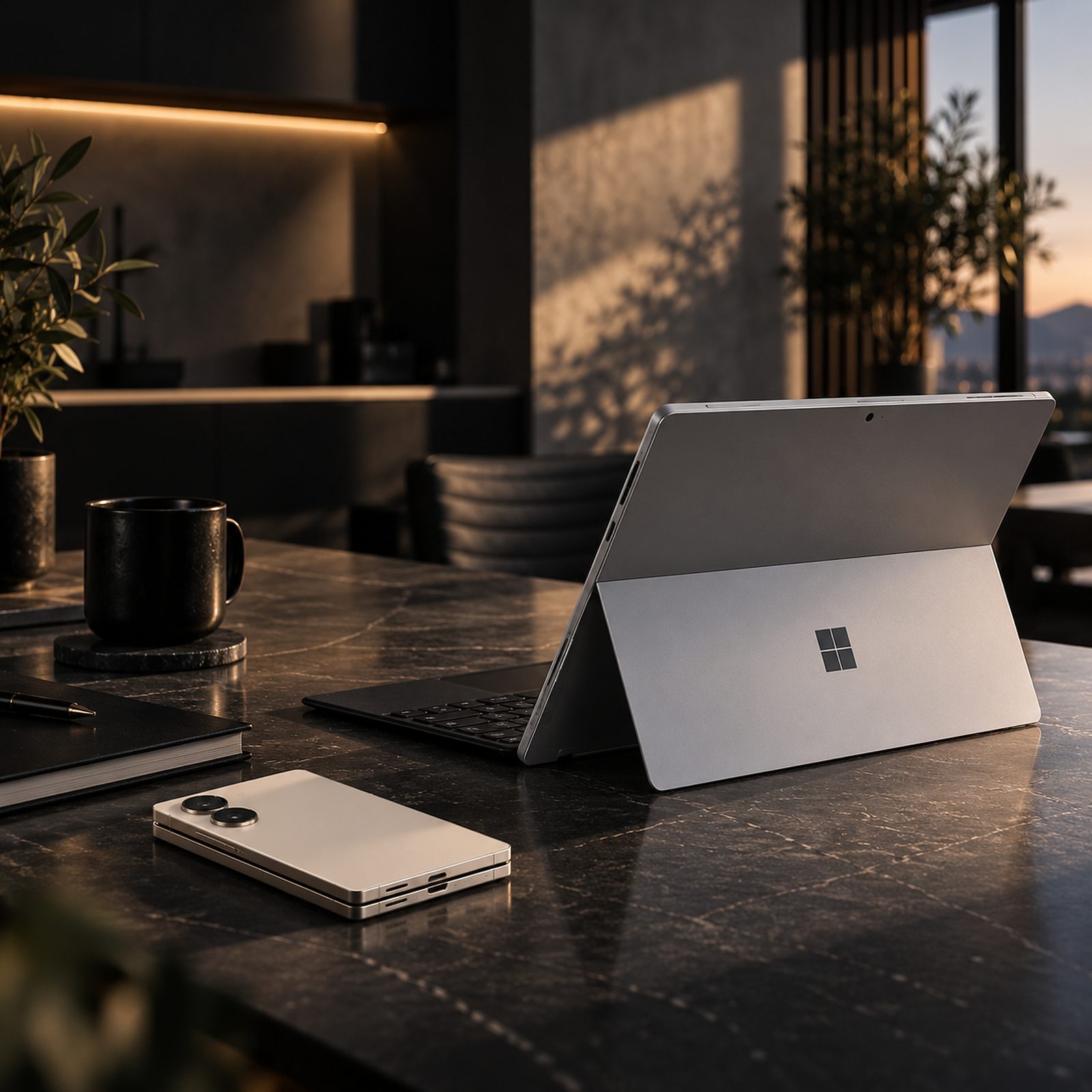 Desk workspace with a Surface Pro and foldable phone in a sunlit interior