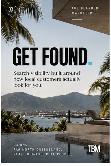 Get Found SEO panel showing Cairns mountains and waterfront from a terrace