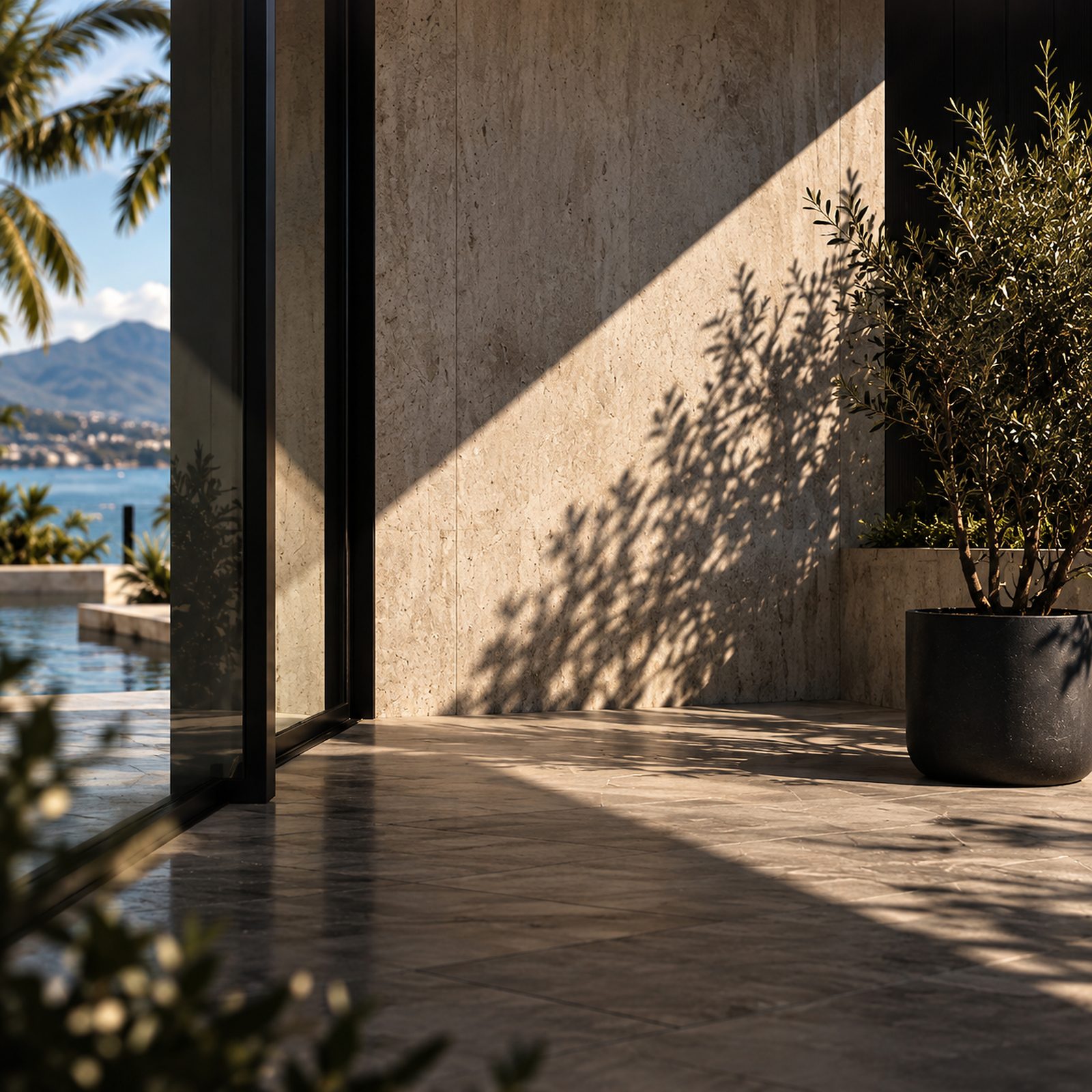 Luxury stone terrace with an olive tree in warm sunlight