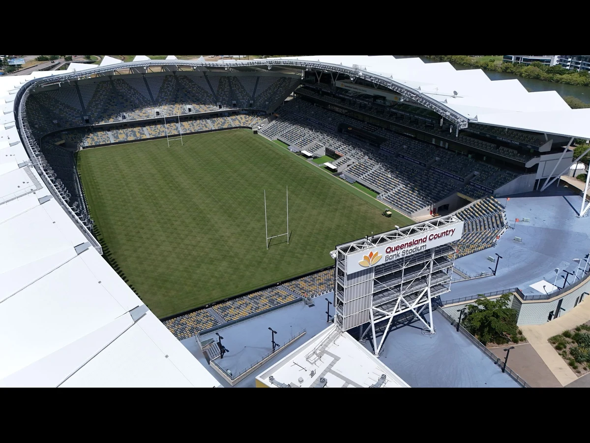 Aerial drone view over Queensland Country Bank Stadium in Townsville, captured by UAScend Aerial Solutions