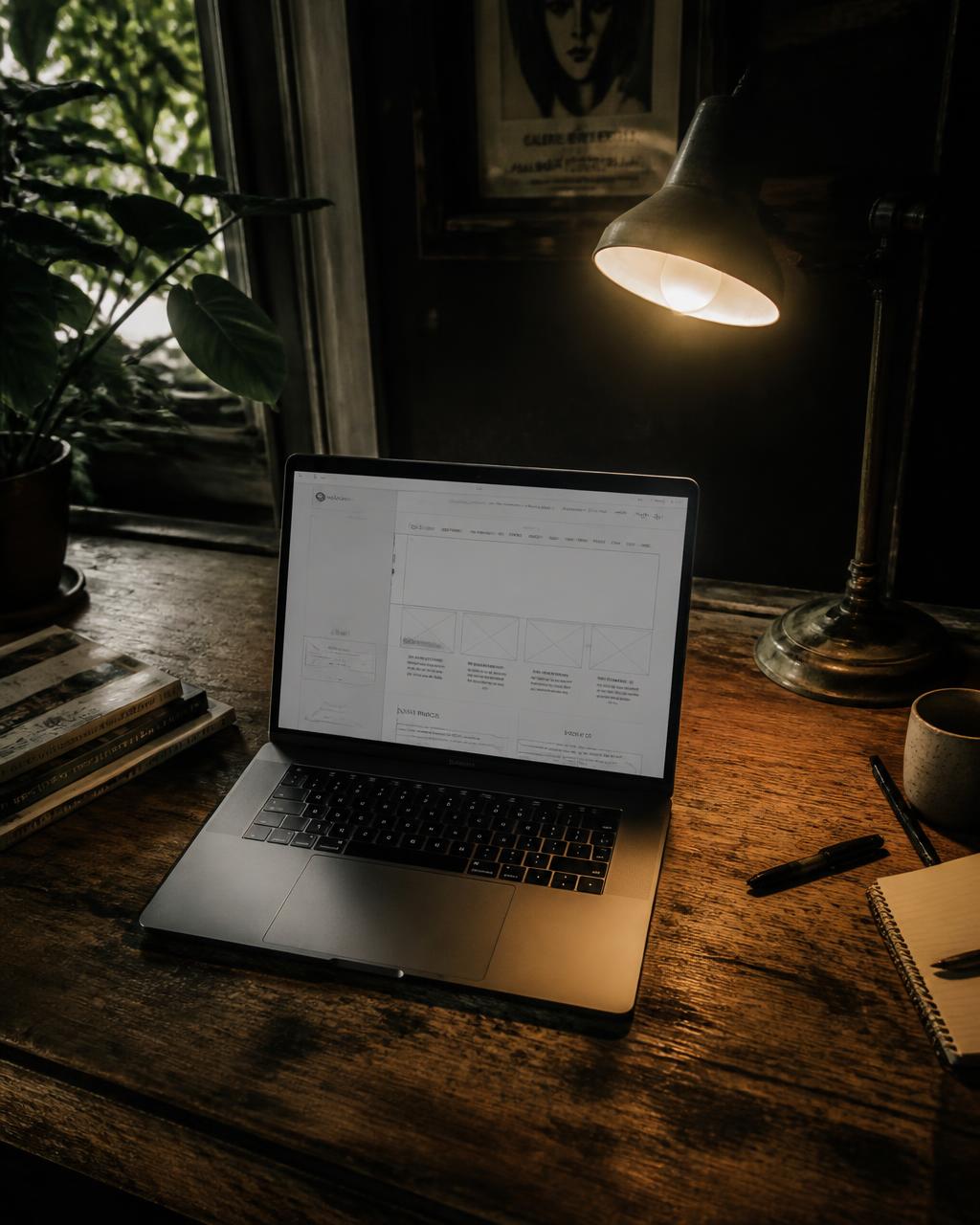 Laptop showing a custom website design in a moody Cairns studio